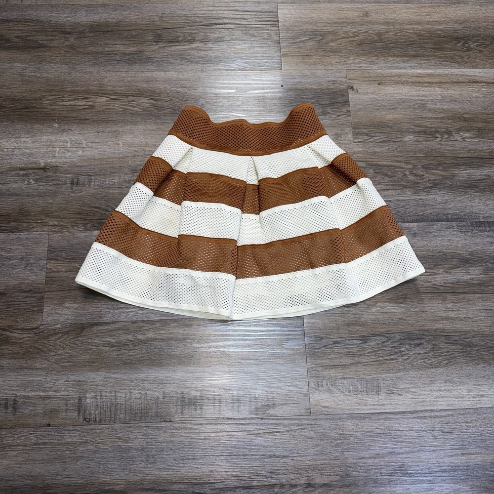Umgee USA Nude White Striped Bandage Flare Short Skirt Womens S Heavyweight Mesh